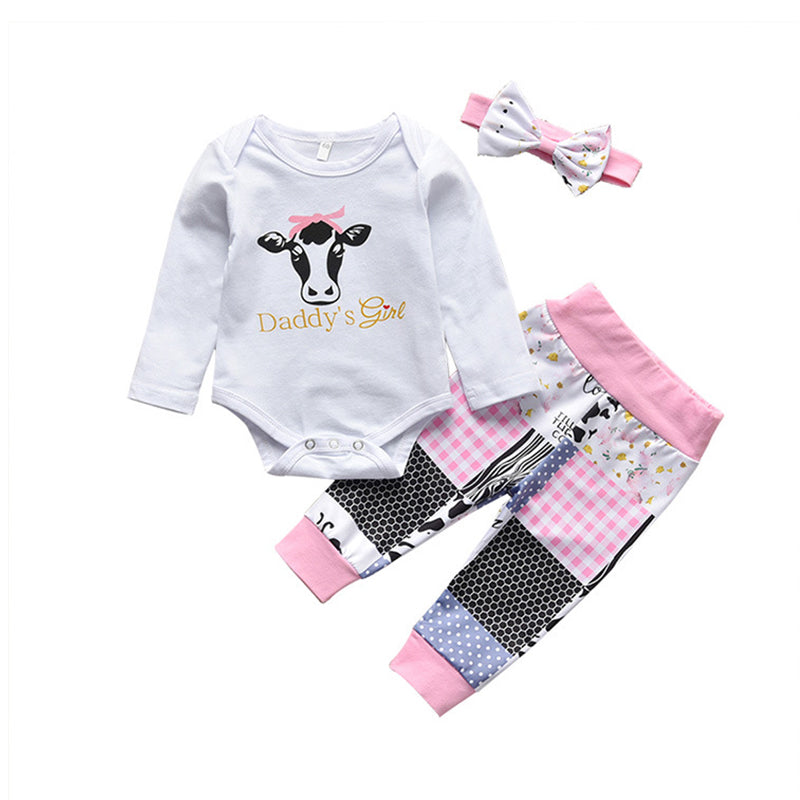3 Pieces Set Baby Girls Letters Animals Print Rompers Checked And Pants And Headwear Wholesale 22120230