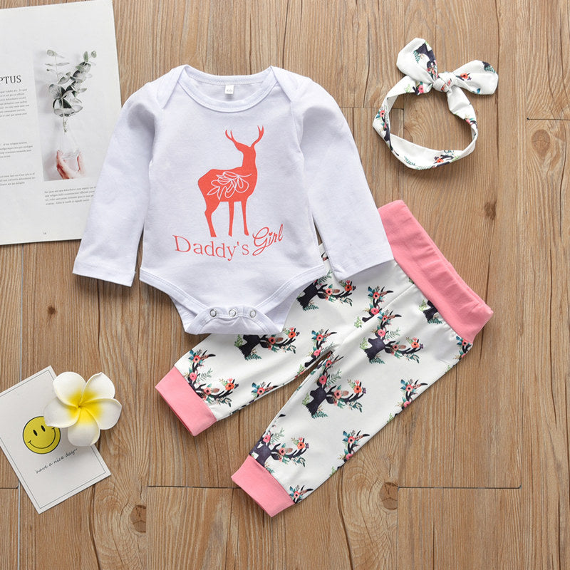 3 Pieces Set Baby Girls Letters Animals Cartoon Print Rompers And Pants And Headwear Wholesale 22120232