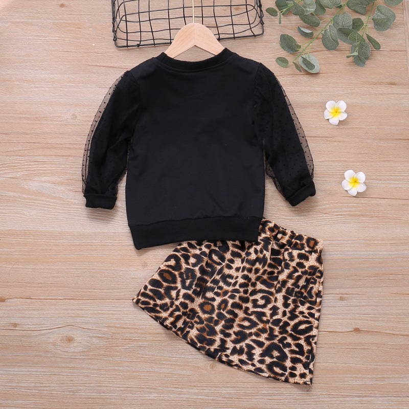 2 Pieces Set Baby Kid Girls Solid Color Tops And Leopard Skirts Wholesale 22120237