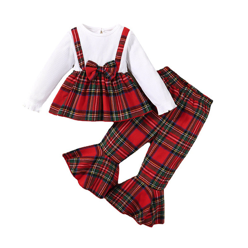2 Pieces Set Baby Kid Girls Bow Tops And Checked Pants Wholesale 221202458