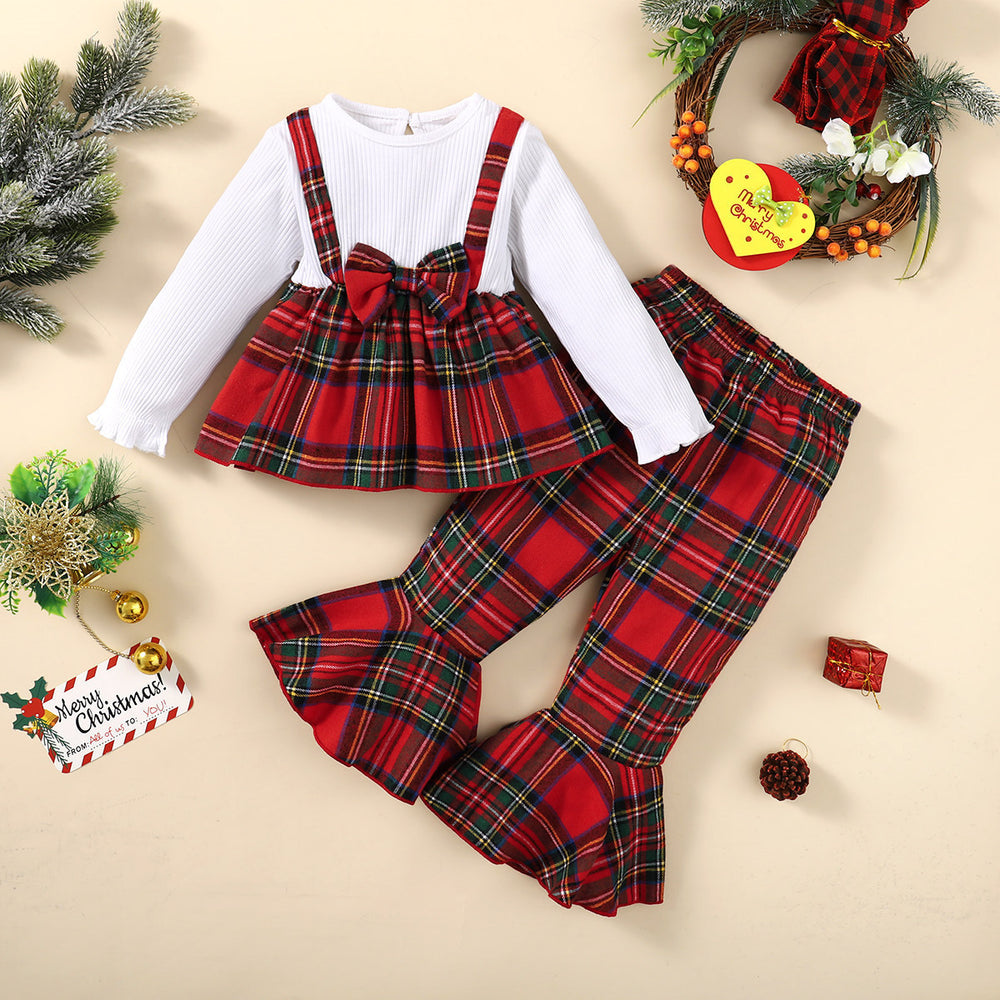 2 Pieces Set Baby Kid Girls Bow Tops And Checked Pants Wholesale 221202458