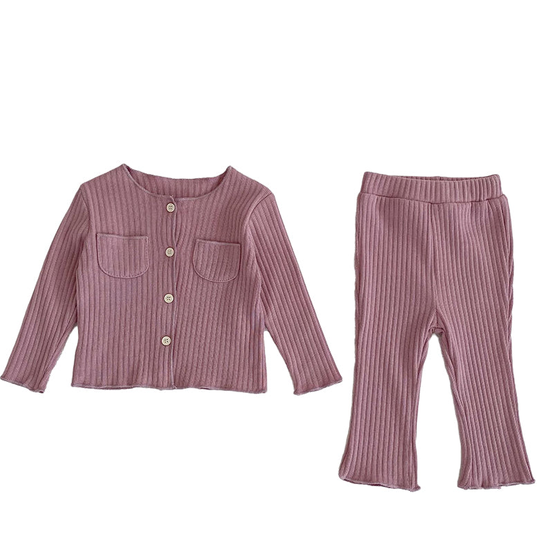 2 Pieces Set Baby Kid Girls Solid Color Muslin&Ribbed Tops And Pants Wholesale 221202637