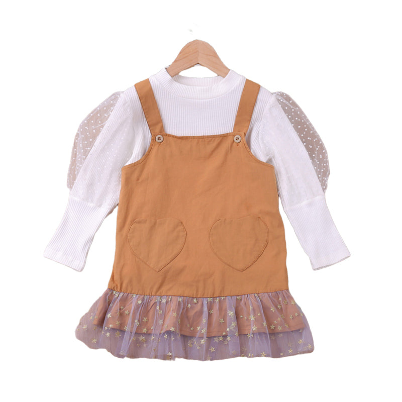 2 Pieces Set Baby Kid Girls Lace Muslin&Ribbed Tops And Solid Color Dresses Wholesale 22120284