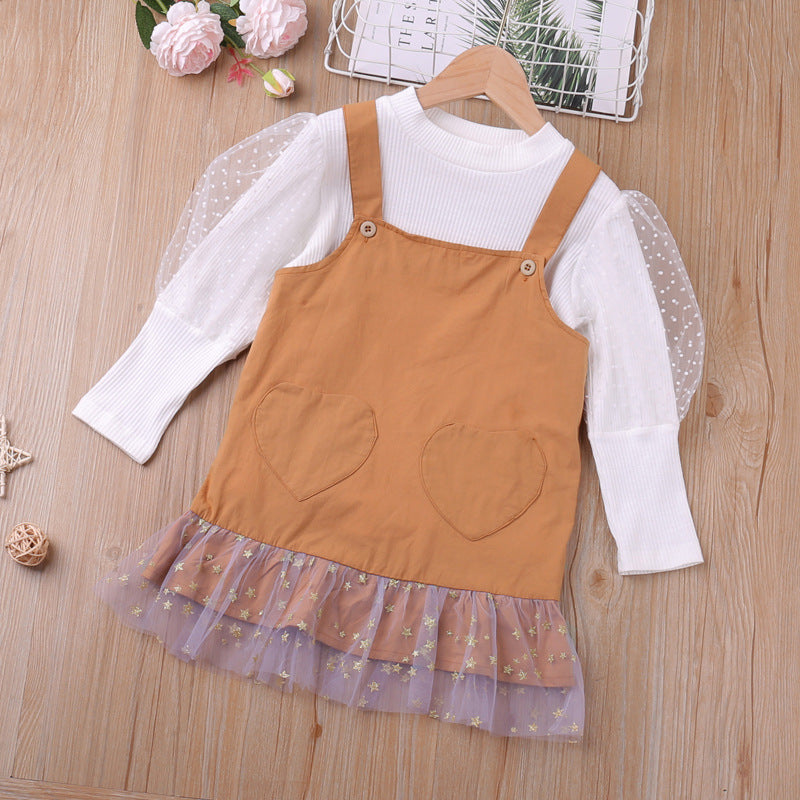 2 Pieces Set Baby Kid Girls Lace Muslin&Ribbed Tops And Solid Color Dresses Wholesale 22120284