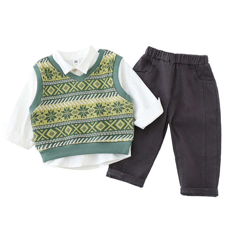 3 Pieces Set Baby Kid Boys Crochet Vests Waistcoats And Solid Color Shirts And Pants Wholesale 221206100