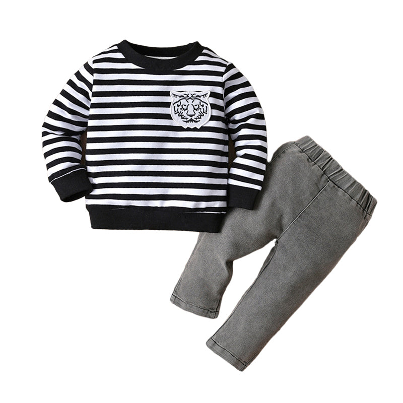 2 Pieces Set Baby Boys Striped Cartoon Tops And Solid Color Pants Wholesale 221206189