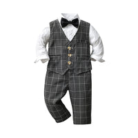 Load image into Gallery viewer, 3 Pieces Set Baby Kid Boys Dressy Solid Color Bow Shirts Checked Vests Waistcoats And Trousers Suits Wholesale 221206211
