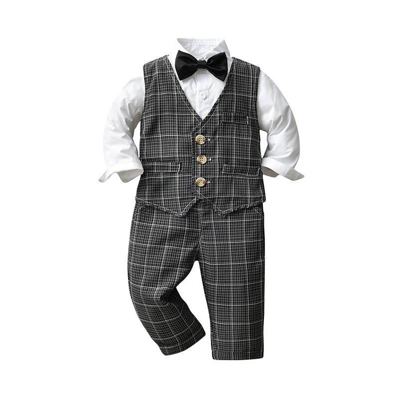 3 Pieces Set Baby Kid Boys Dressy Solid Color Bow Shirts Checked Vests Waistcoats And Trousers Suits Wholesale 221206211