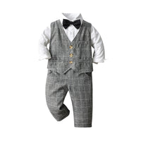 Load image into Gallery viewer, 3 Pieces Set Baby Kid Boys Dressy Solid Color Bow Shirts Checked Vests Waistcoats And Trousers Suits Wholesale 221206211

