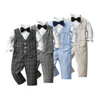 Load image into Gallery viewer, 3 Pieces Set Baby Kid Boys Dressy Solid Color Bow Shirts Checked Vests Waistcoats And Trousers Suits Wholesale 221206211
