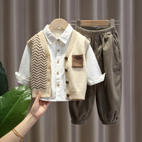 Load image into Gallery viewer, 3 Pieces Set Baby Kid Boys Striped Color-blocking Vests Waistcoats Solid Color Shirts And Pants Wholesale 221206218
