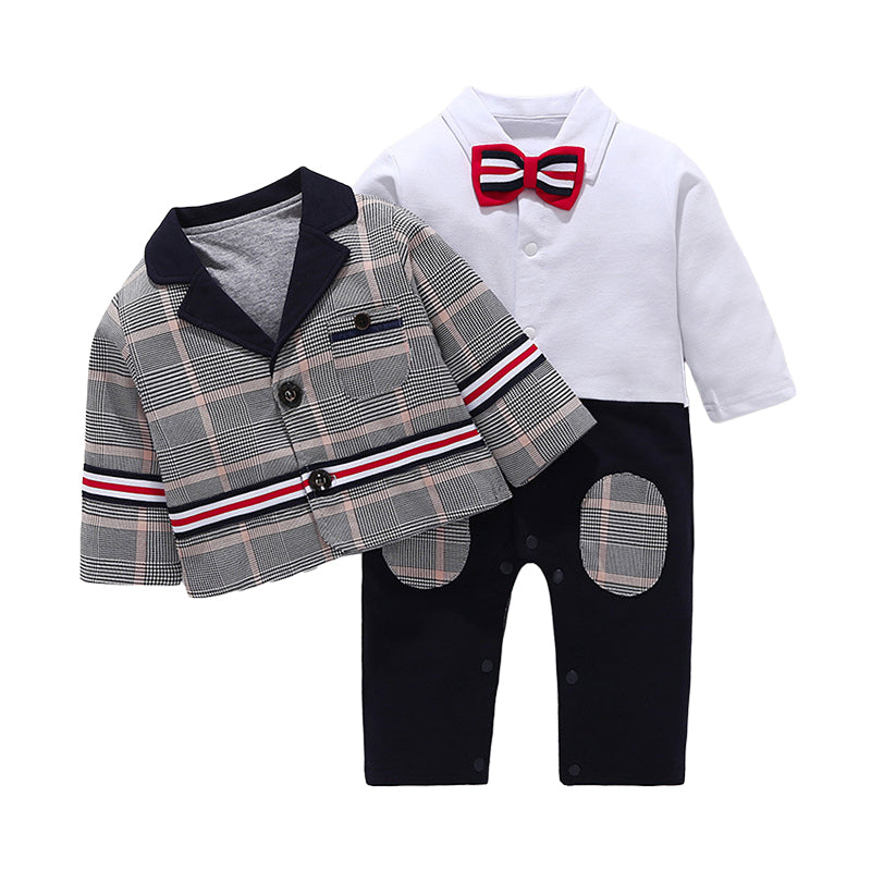 2 Pieces Set Baby Boys Bow Jumpsuits And Checked Jackets Outwears Wholesale 22120623