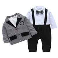 Load image into Gallery viewer, 2 Pieces Set Baby Boys Bow Jumpsuits And Checked Jackets Outwears Wholesale 22120624
