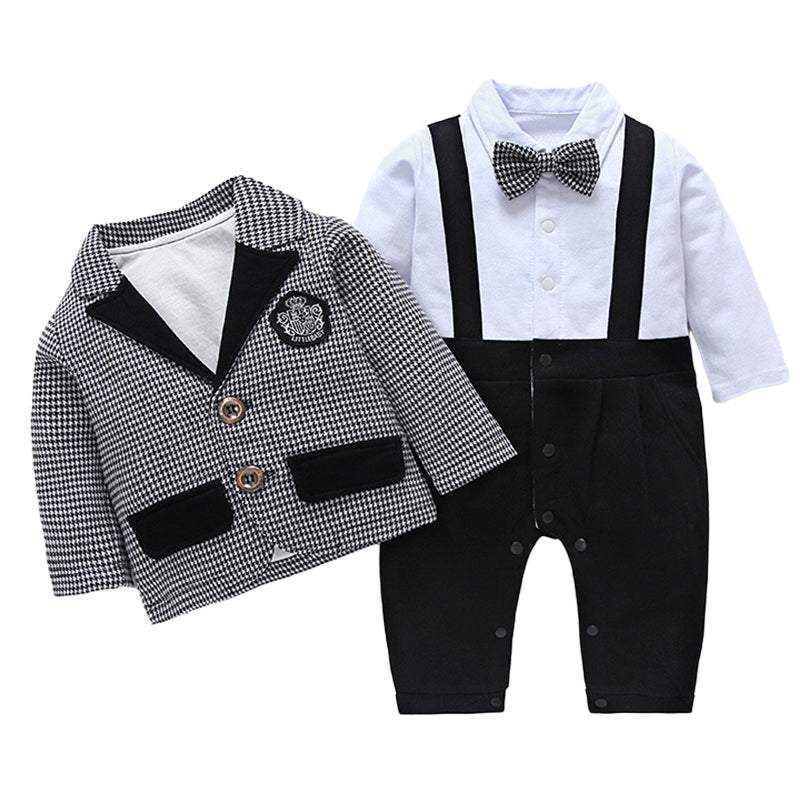 2 Pieces Set Baby Boys Bow Jumpsuits And Checked Jackets Outwears Wholesale 22120624