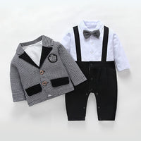 Load image into Gallery viewer, 2 Pieces Set Baby Boys Bow Jumpsuits And Checked Jackets Outwears Wholesale 22120624
