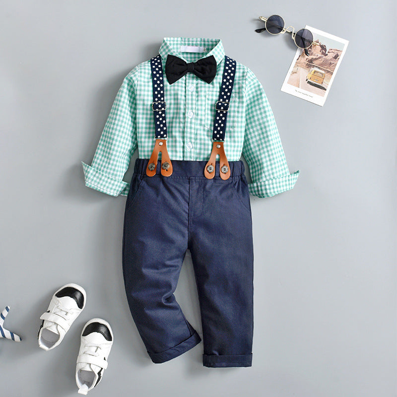2 Pieces Set Baby Boys Checked Shirts And Solid Color Jumpsuits Wholesale 221206245