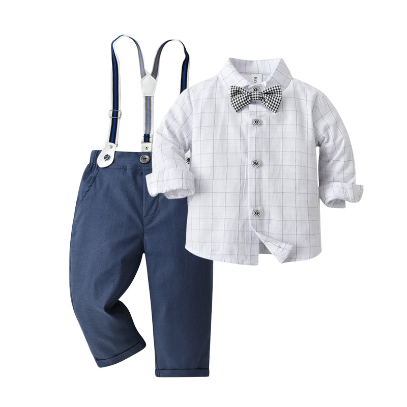 2 Pieces Set Baby Kid Boys Birthday Checked Bow Shirts And Solid Color Jumpsuits Wholesale 221206288