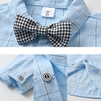 Load image into Gallery viewer, 2 Pieces Set Baby Kid Boys Birthday Checked Bow Shirts And Solid Color Jumpsuits Wholesale 221206288
