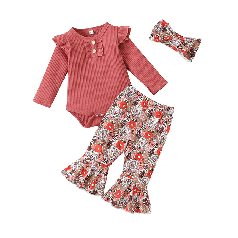 2 Pieces Set Baby Girls Bow Muslin&Ribbed Print Rompers And Flower Pants Wholesale 221206488