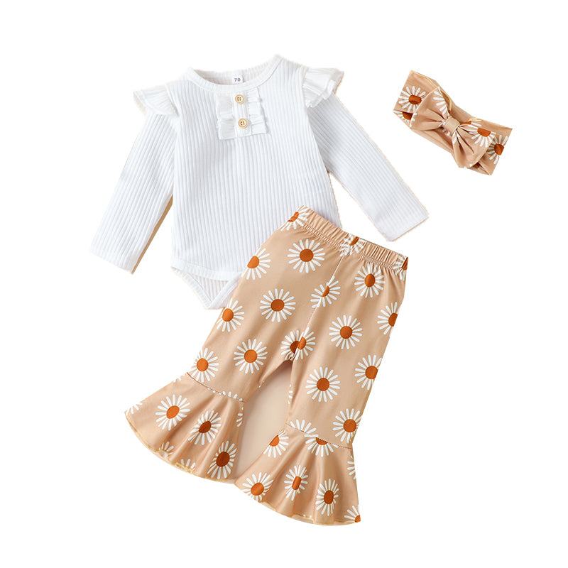2 Pieces Set Baby Girls Bow Muslin&Ribbed Print Rompers And Flower Pants Wholesale 221206488