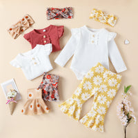 Load image into Gallery viewer, 2 Pieces Set Baby Girls Bow Muslin&amp;Ribbed Print Rompers And Flower Pants Wholesale 221206488
