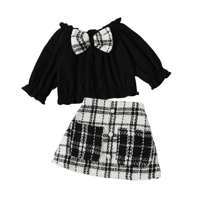 2 Pieces Set Baby Kid Girls Bow Tops And Checked Skirts Wholesale 221206617