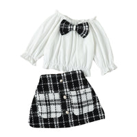 Load image into Gallery viewer, 2 Pieces Set Baby Kid Girls Bow Tops And Checked Skirts Wholesale 221206617
