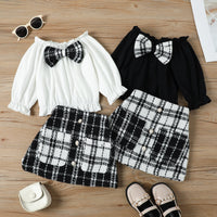 Load image into Gallery viewer, 2 Pieces Set Baby Kid Girls Bow Tops And Checked Skirts Wholesale 221206617
