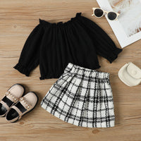 Load image into Gallery viewer, 2 Pieces Set Baby Kid Girls Bow Tops And Checked Skirts Wholesale 221206617
