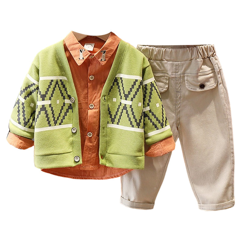 3 Pieces Set Baby Kid Boys Cartoon Shirts Checked Jackets Outwears And Solid Color Pants Wholesale 22120680