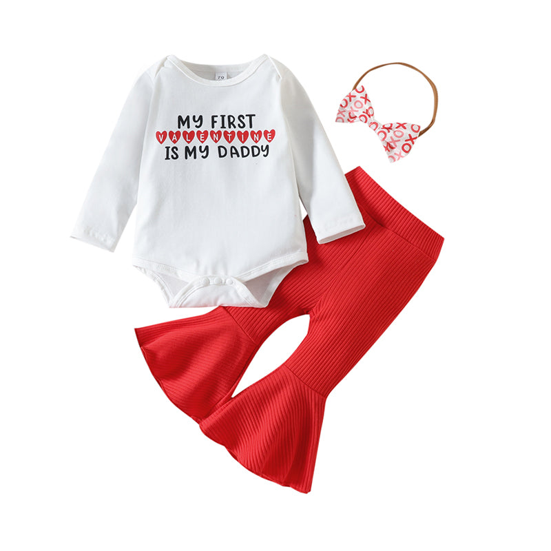 3 Pieces Set Baby Girls Valentine's Day Letters Love heart Print Rompers Solid Color Pants And Bow Headwear Wholesale 221206828