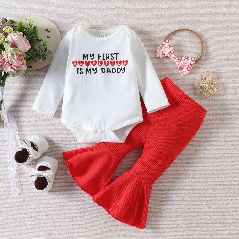3 Pieces Set Baby Girls Valentine's Day Letters Love heart Print Rompers Solid Color Pants And Bow Headwear Wholesale 221206828
