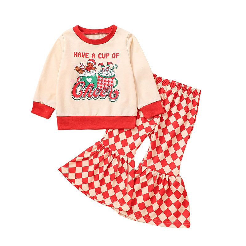 2 Pieces Set Baby Kid Girls Christmas Letters Cartoon Print Tops And Checked Pants Wholesale 221209568