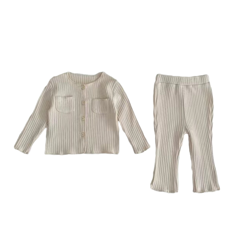 2 Pieces Set Baby Kid Girls Solid Color Muslin&Ribbed Tops And Pants Wholesale 221209676