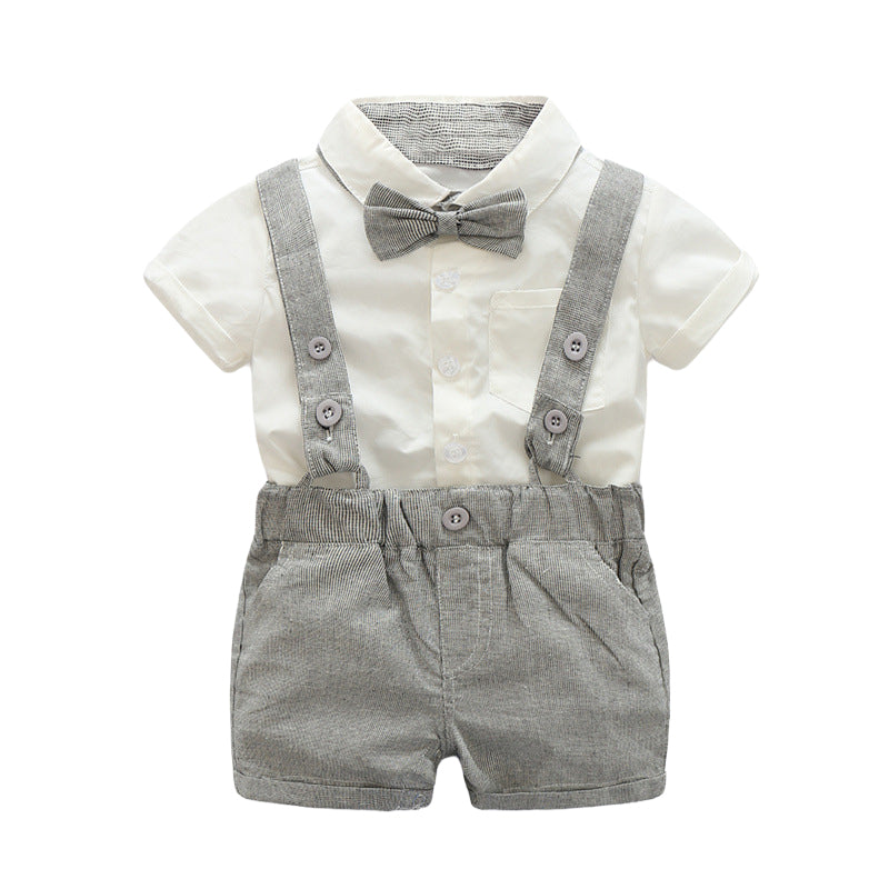 2 Pieces Set Baby Boys Birthday Party Solid Color Bow Shirts And Rompers Wholesale 22121406