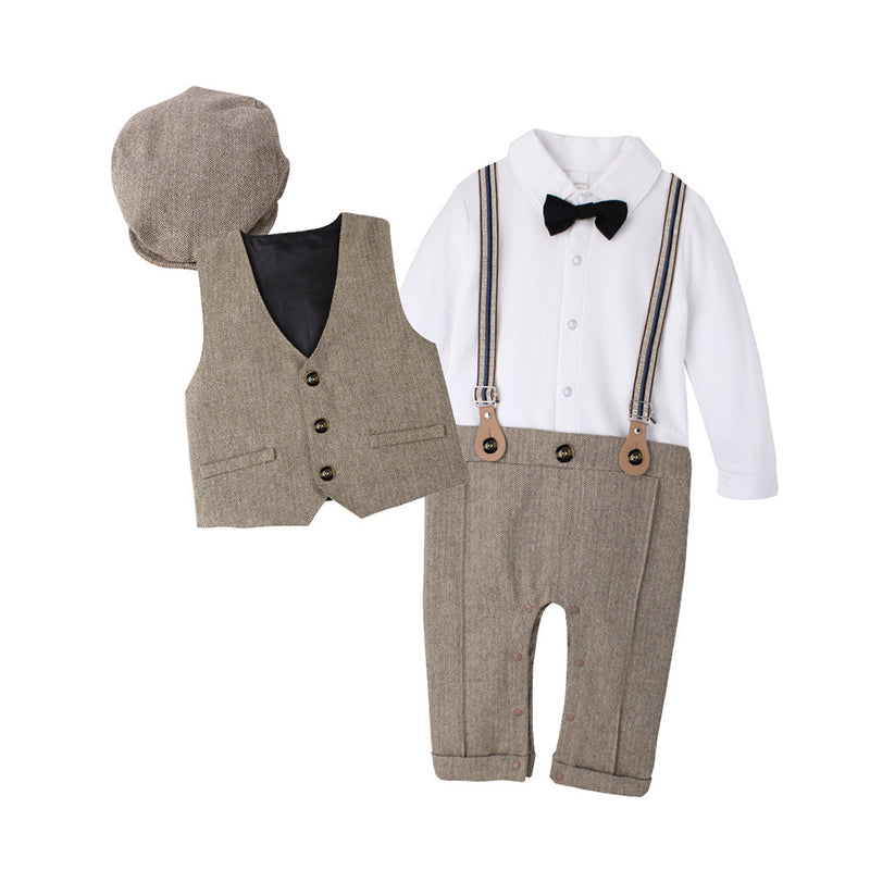 3 Pieces Set Baby Kid Boys Dressy Bow Jumpsuits And Solid Color Vests Waistcoats And Suits Hats Wholesale 221214107