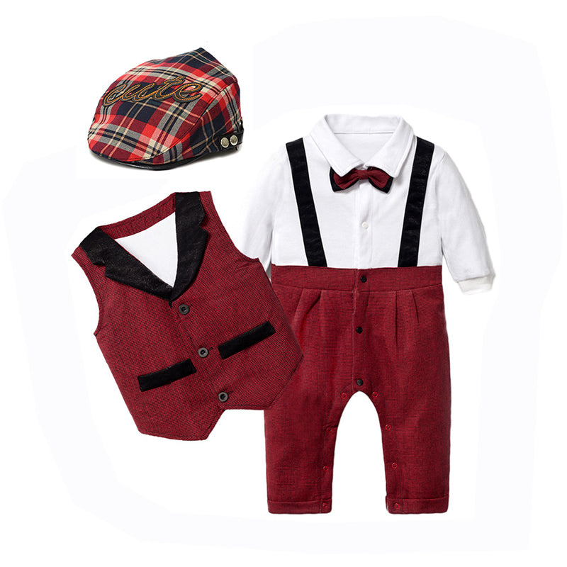 3 Pieces Set Baby Boys Bow Jumpsuits And Solid Color Vests Waistcoats And Hats Wholesale 221214109