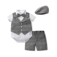 Load image into Gallery viewer, 3 Pieces Set Baby Boys Birthday Color-blocking Checked Bow Rompers And Shorts And Hats Wholesale 221214115
