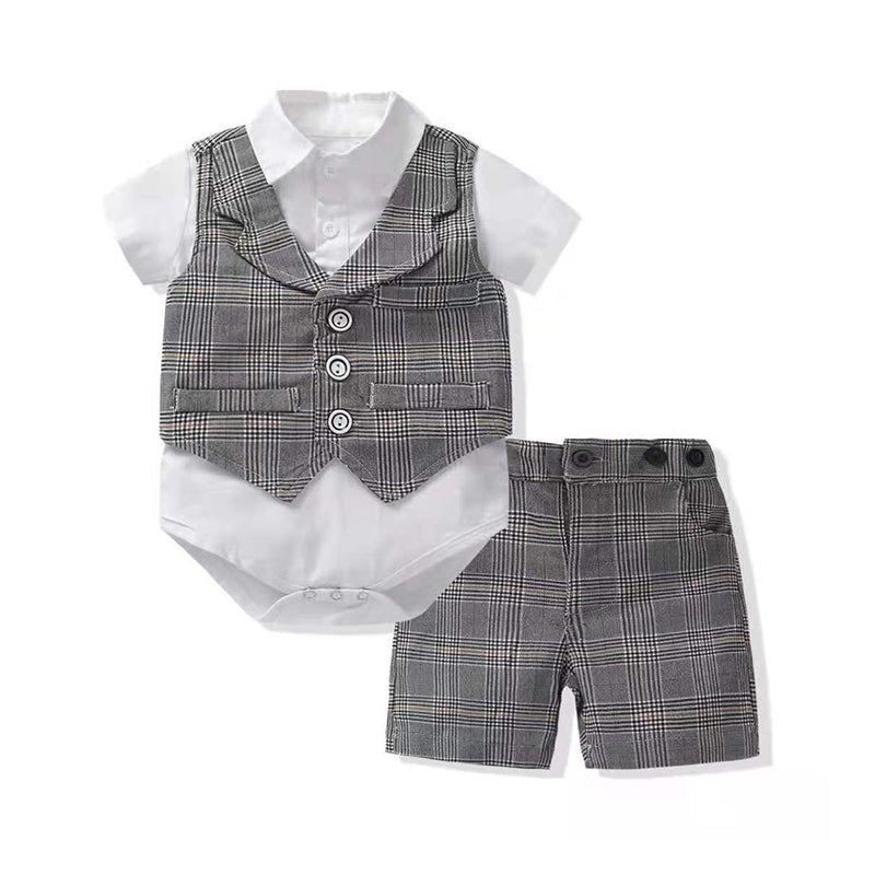 3 Pieces Set Baby Boys Birthday Color-blocking Checked Bow Rompers And Shorts And Hats Wholesale 221214115