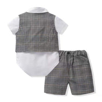 Load image into Gallery viewer, 3 Pieces Set Baby Boys Birthday Color-blocking Checked Bow Rompers And Shorts And Hats Wholesale 221214115
