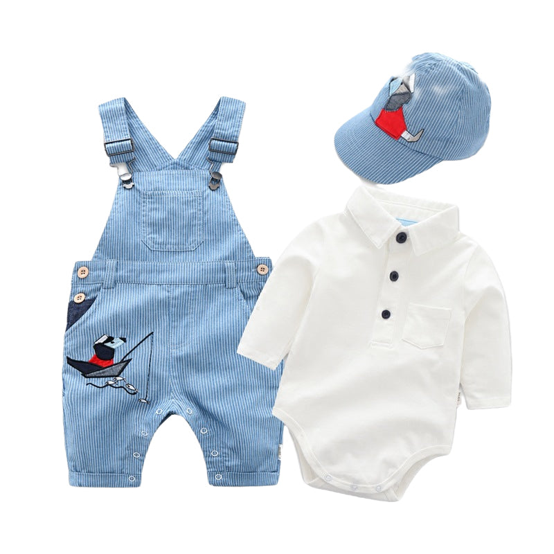 3 Pieces Set Baby Boys Solid Color Rompers Cartoon Embroidered Jumpsuits And Hats Wholesale 22121412