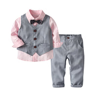 Load image into Gallery viewer, 3 Pieces Set Baby Kid Boys Birthday Solid Color Bow Shirts And Striped Vests Waistcoats And Pants Wholesale 221214121
