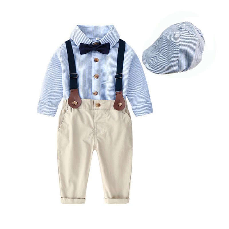 2 Pieces Set Baby Kid Boys Birthday Party Striped Bow Shirts And Solid Color Jumpsuits Wholesale 221214124