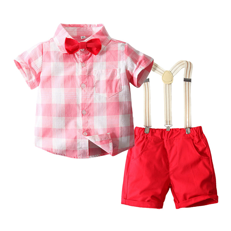 2 Pieces Set Baby Kid Boys Dressy Checked Bow Shirts And Solid Color Shorts Suits Wholesale 221214140