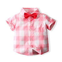 Load image into Gallery viewer, 2 Pieces Set Baby Kid Boys Dressy Checked Bow Shirts And Solid Color Shorts Suits Wholesale 221214140
