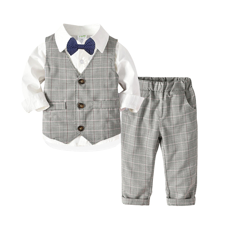 3 Pieces Set Baby Kid Boys Birthday Party Solid Color Bow Shirts Checked Vests Waistcoats And Pants Wholesale 221214152