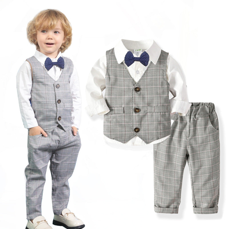 3 Pieces Set Baby Kid Boys Birthday Party Solid Color Bow Shirts Checked Vests Waistcoats And Pants Wholesale 221214152