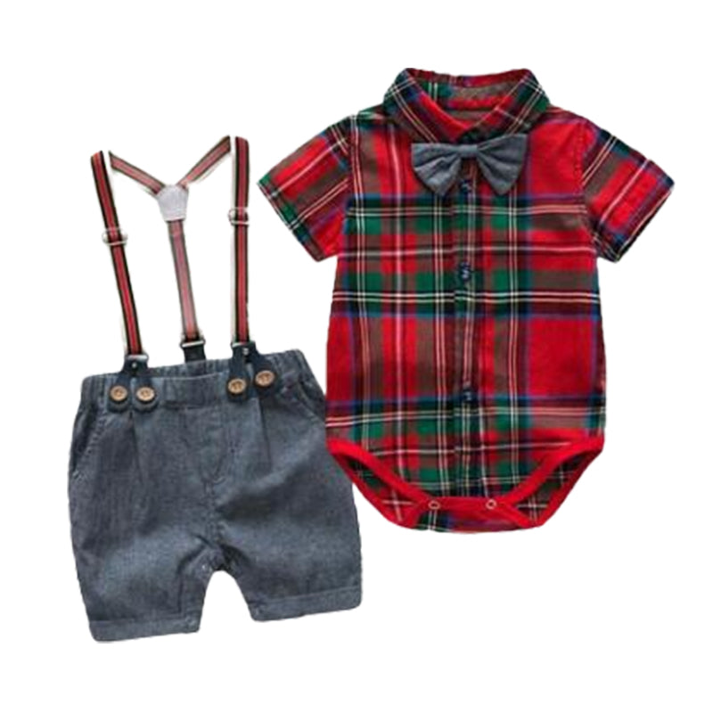 2 Pieces Set Baby Boys Checked Bow Rompers And Solid Color Rompers Wholesale 22121417