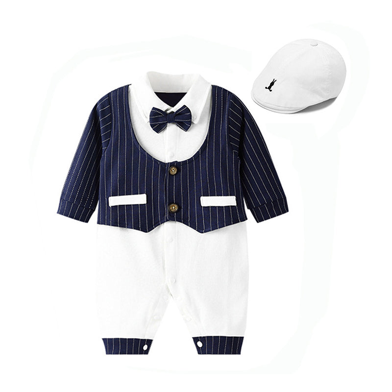 Baby Boys Striped Color-blocking Bow Birthday Jumpsuits Wholesale 221214183