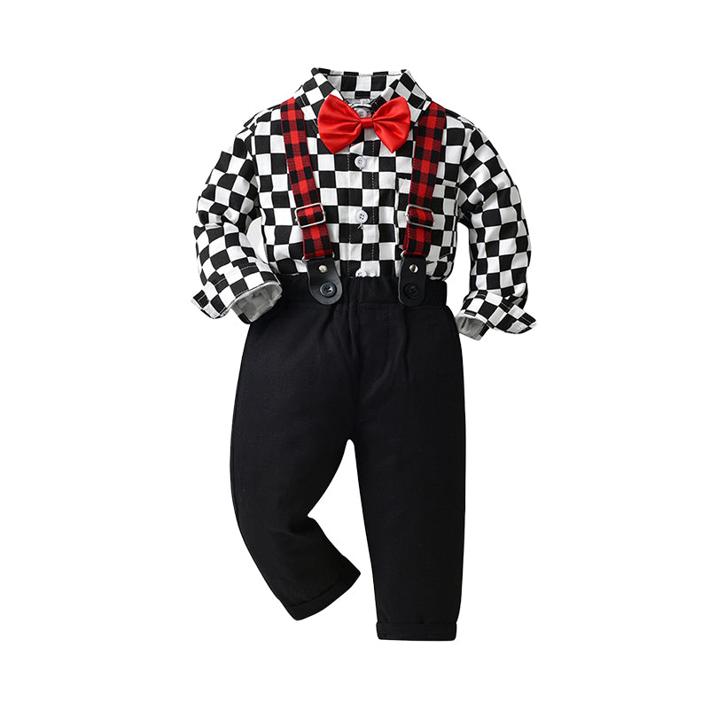 2 Pieces Set Baby Kid Boys Birthday Party Checked Bow Shirts And Color-blocking Jumpsuits Wholesale 221214209